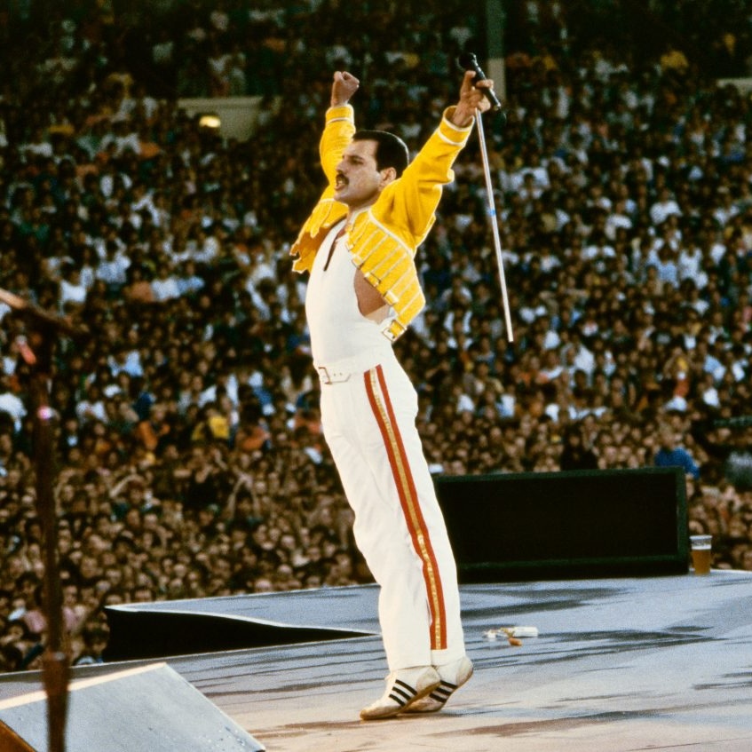 Freddie Mercury and Queen in concert at Wembley Stadium, London, in 1986